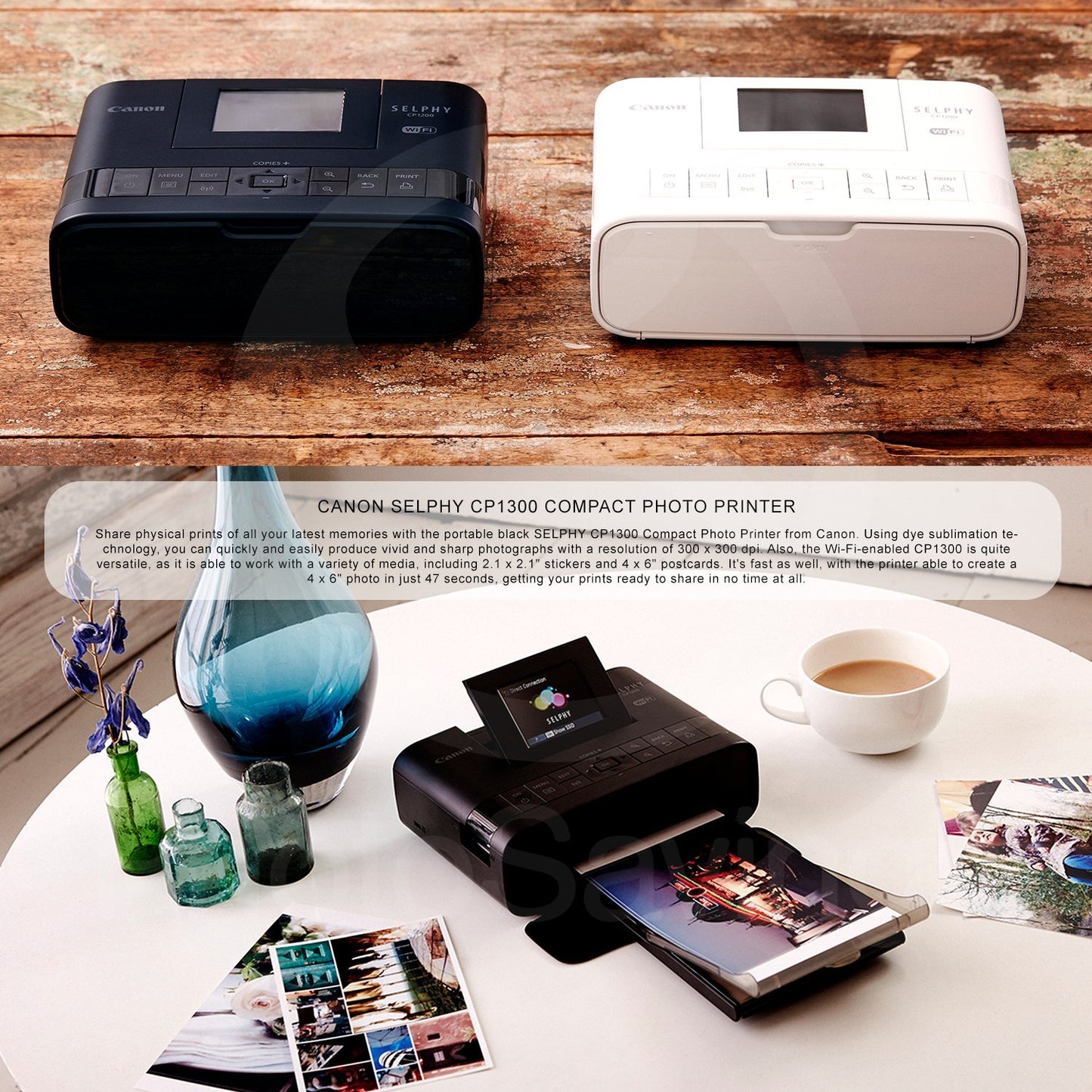 Canon SELPHY CP1300 Compact Photo Printer (Black) with WiFi w/ 2X Color Ink and Paper Set