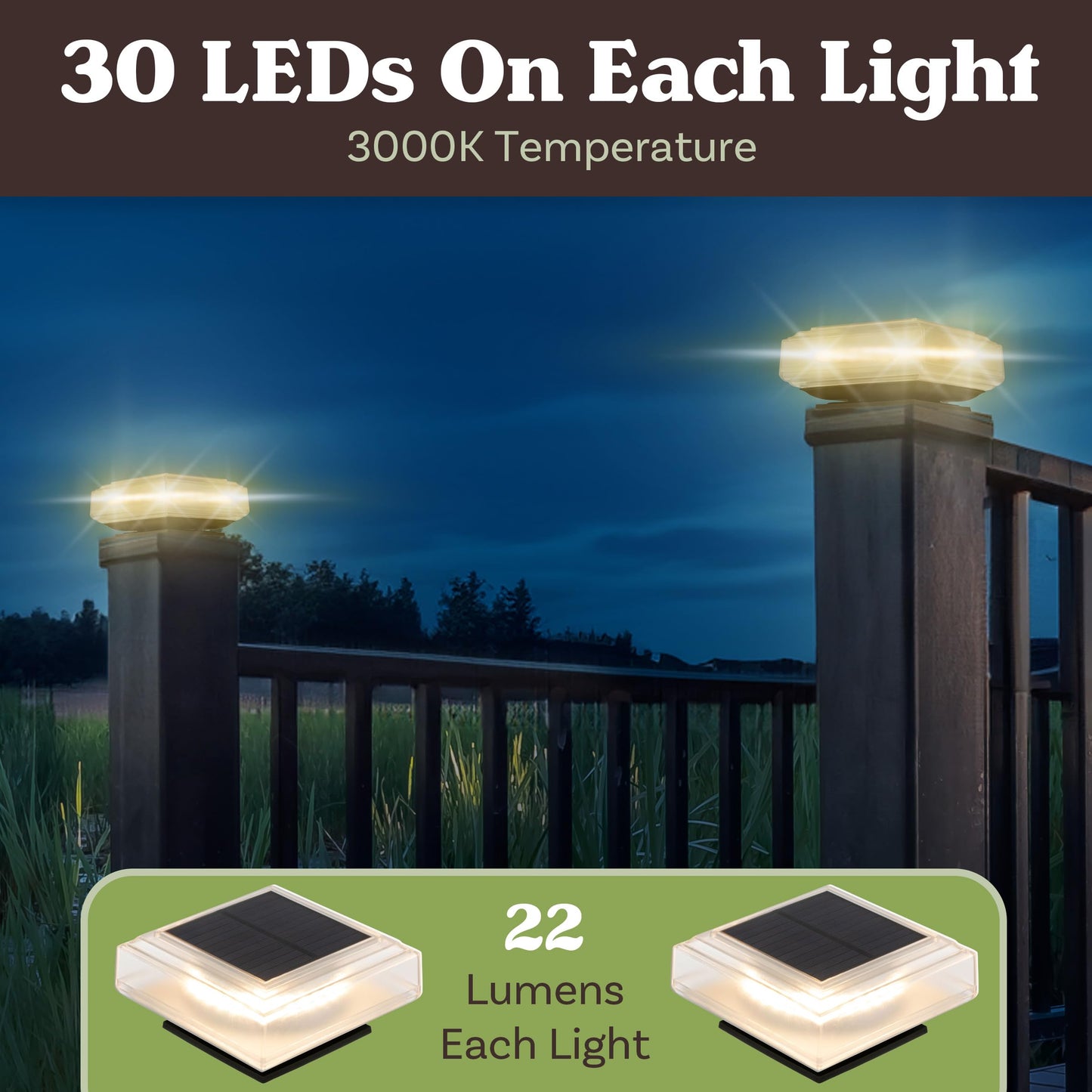 2-Pack Warm Solar Powered Deck Fence Post Cap Lights - Waterproof LED 6x6, 5x5, or 4x4 for Wooden or Vinyl Fence Post Caps by Pure Garden (Black)
