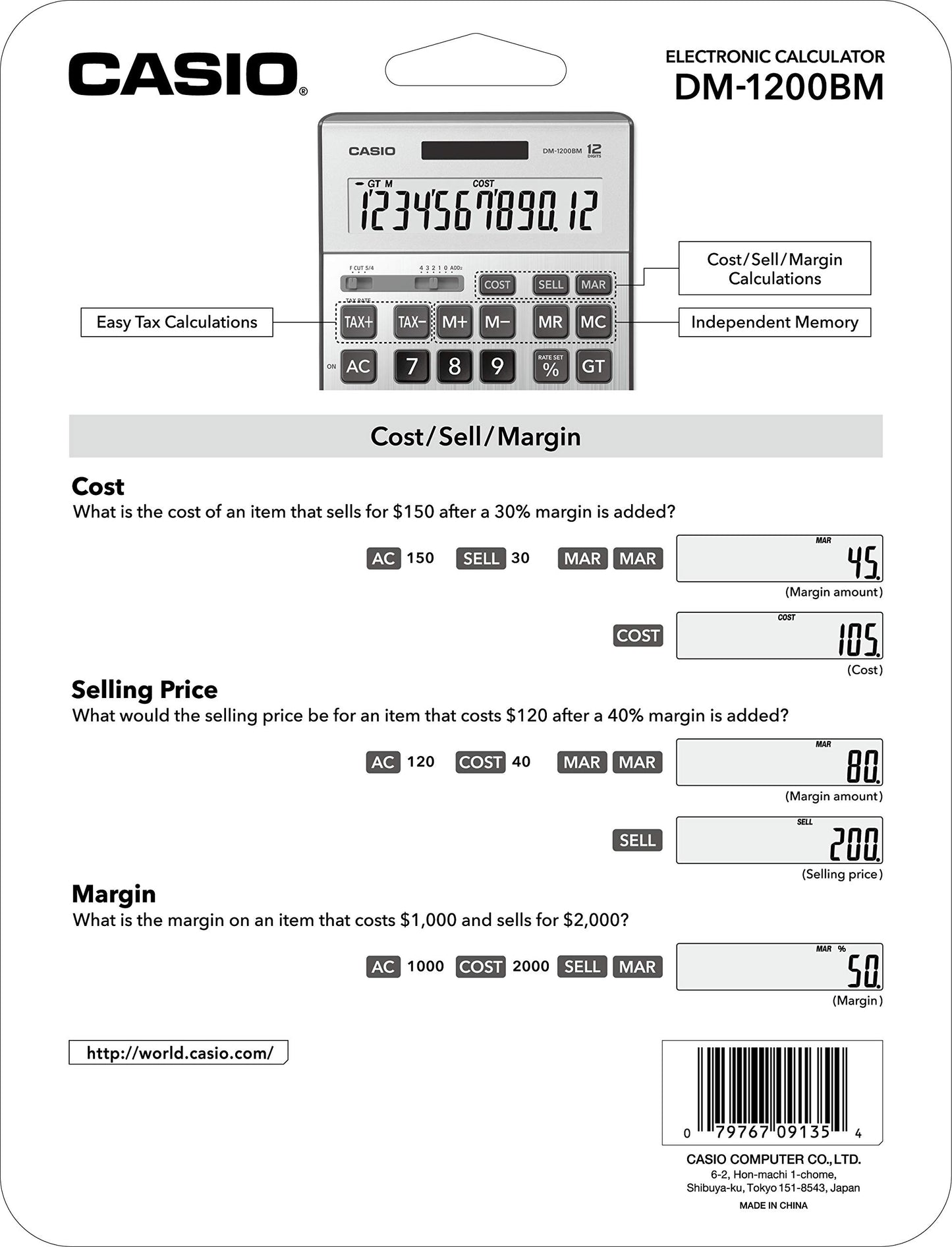 Casio DM-1200BM - Business Desktop Calculator with Cost/Sell/Margin & Tax Keys | Extra-Large 12-Digit Display, Kickstand | Ideal for Office & Finance