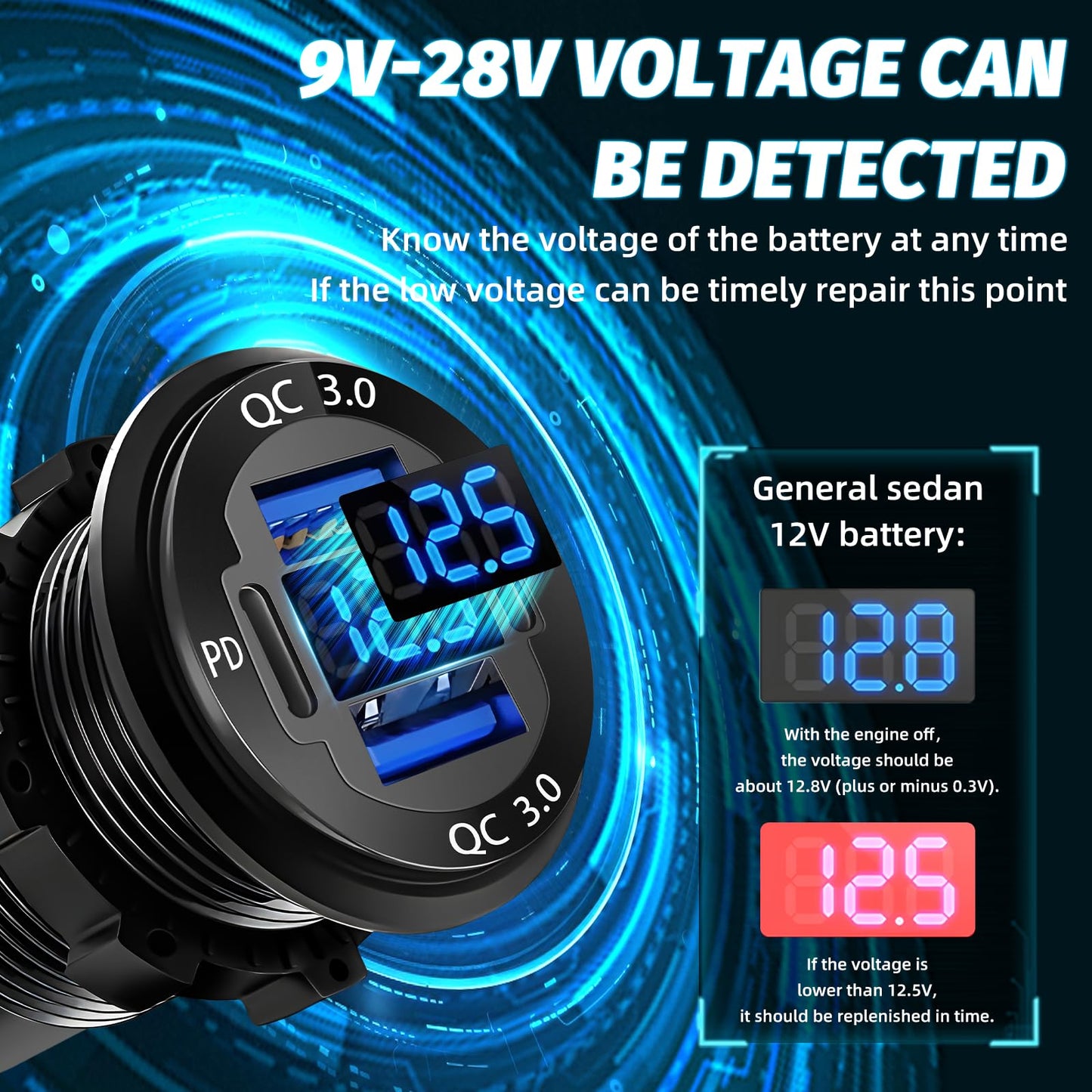 12 Volt USB Charger, 12v USB 4-Port Aluminum Alloy USB C Outlet with LED Voltmeter,Dual PD3.0 & QC3.0 for 12/24V Car Golf Cart Boat Marine Bus Truck