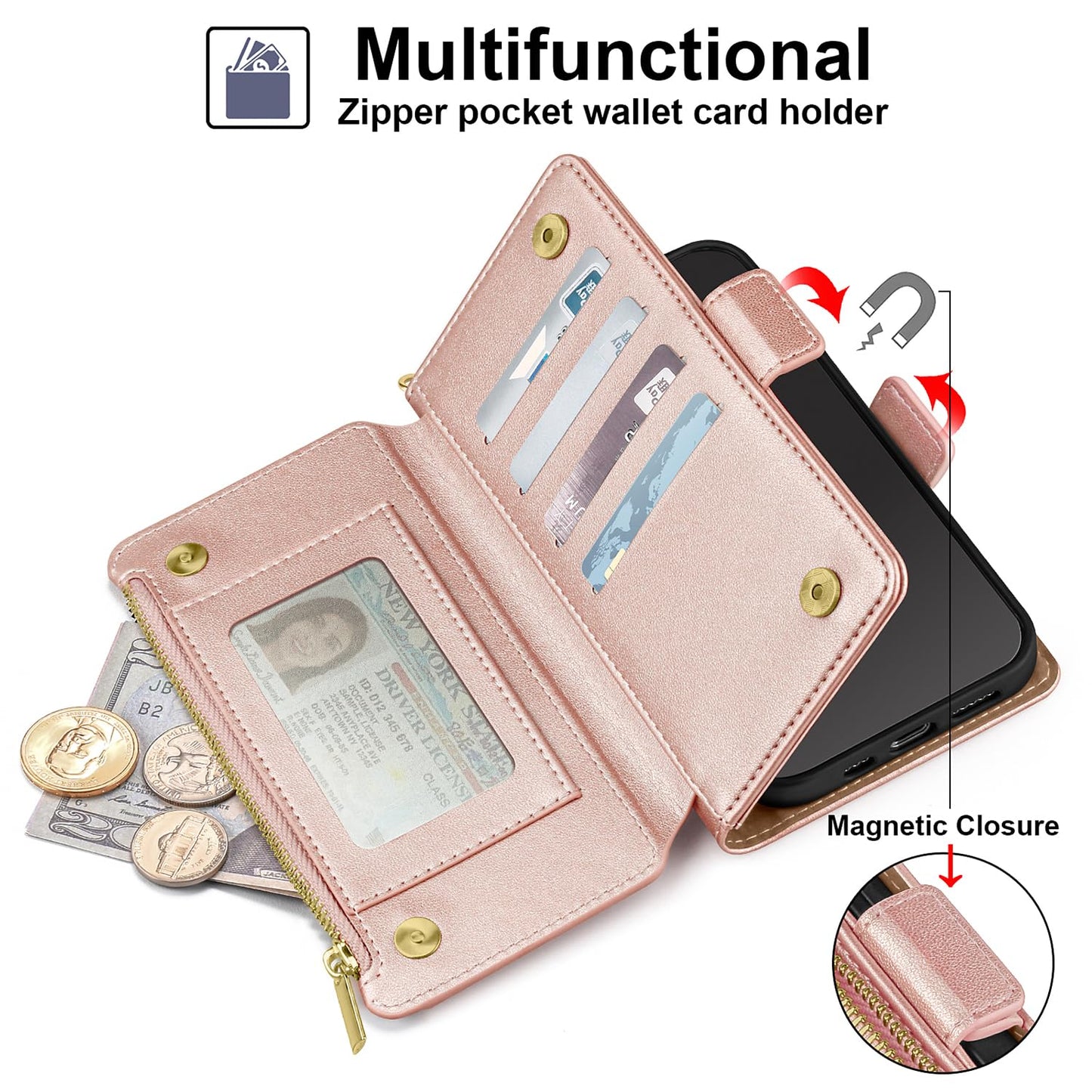 Antsturdy Compatible with iPhone 16 Pro Wallet Case,RFID Blocking PU Leather Phone Case Women Men Kickstand Flip Cover Wrist Strap Zipper Credit Card
