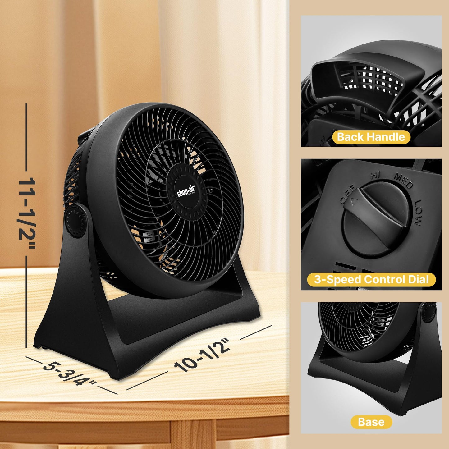 Shop-Air 8" Wall-Mounted Desk Fan, TurboForce Air Circulator Fan, High-Velocity Cooling Table Fan, 3 Speeds, Quiet Operation, 120° Adjustable Tilt