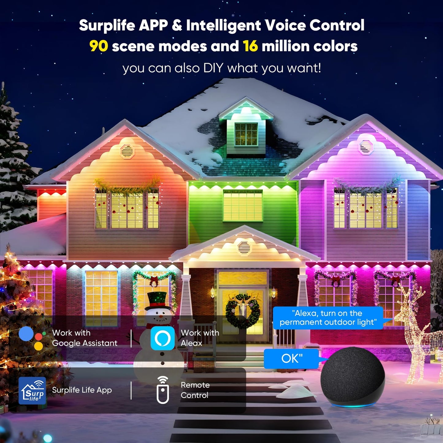 Smart Permanent Outdoor Lights for House, 150ft with 72 Smart AI RGB+IC Smart Christmas Lights, 98 Scene for Halloween Christmas All Holiday Decor