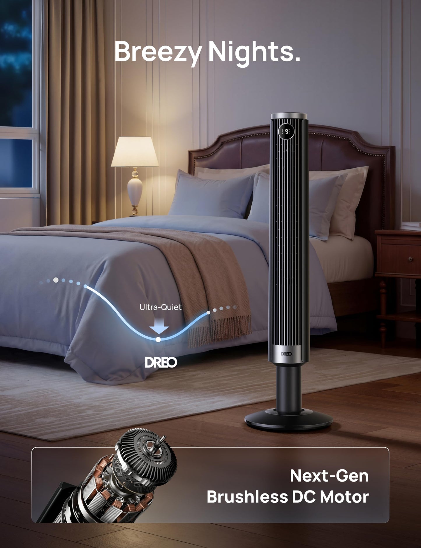 DREO Smart Tower Fan for Bedroom, 40”-45” Adjustable Height, 9 Speeds