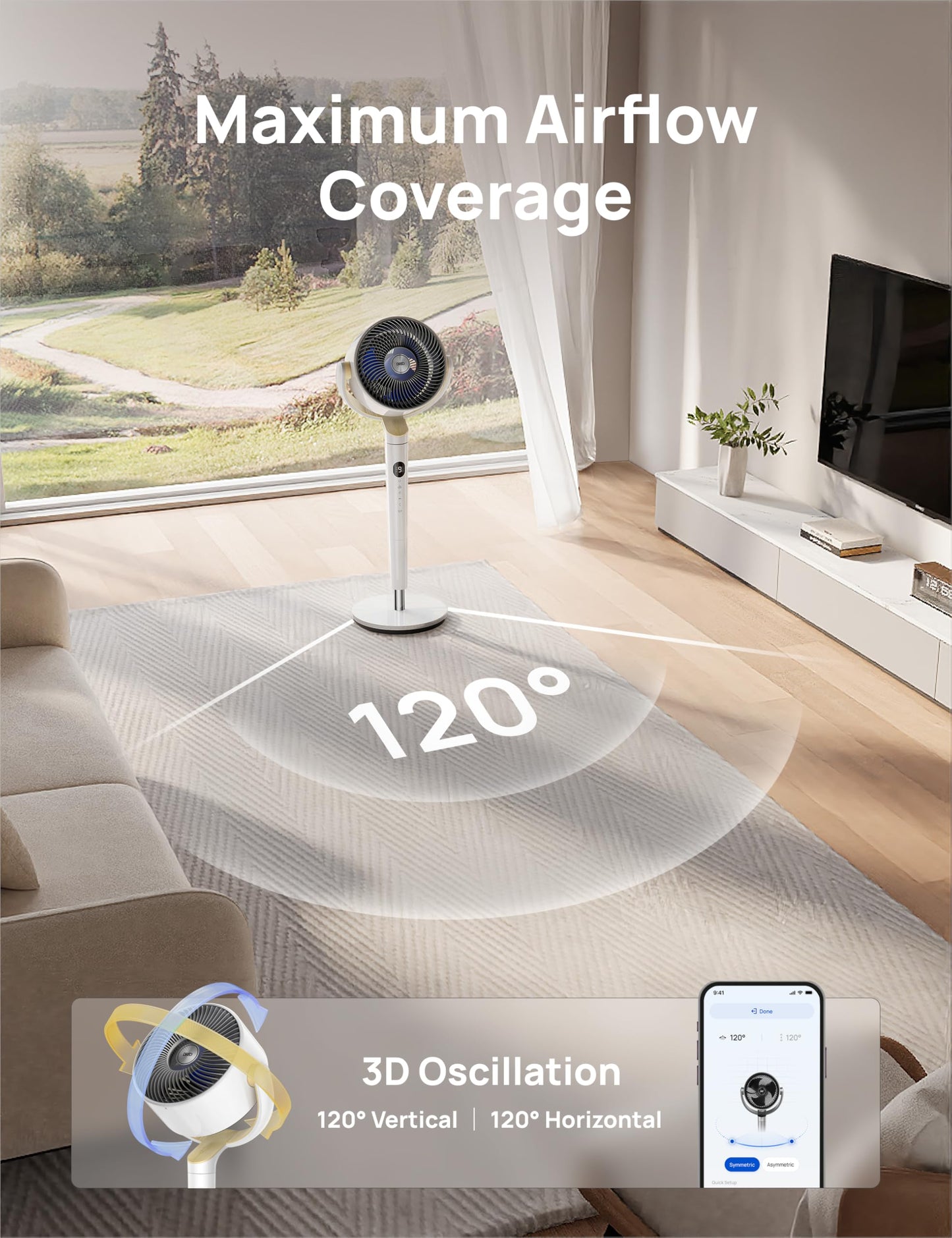 DREO Smart Fan for Bedroom, 120° +120° Omni-Directional Oscillating Fans, 100ft Quiet Pedestal Fan with RGB Light, 9 Speeds, 6 Modes, 8H Timer