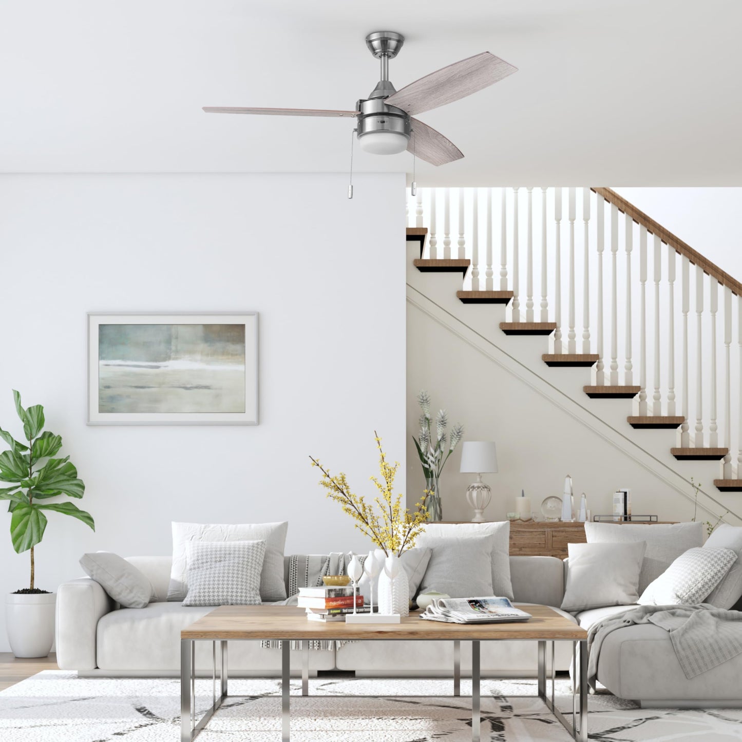Honeywell Ceiling Fans Berryhill, 48 Inch Ceiling Fan with Color Changing LED Light, Pull Chain, Dual Mounting Options, 3 Dual Finish Blades