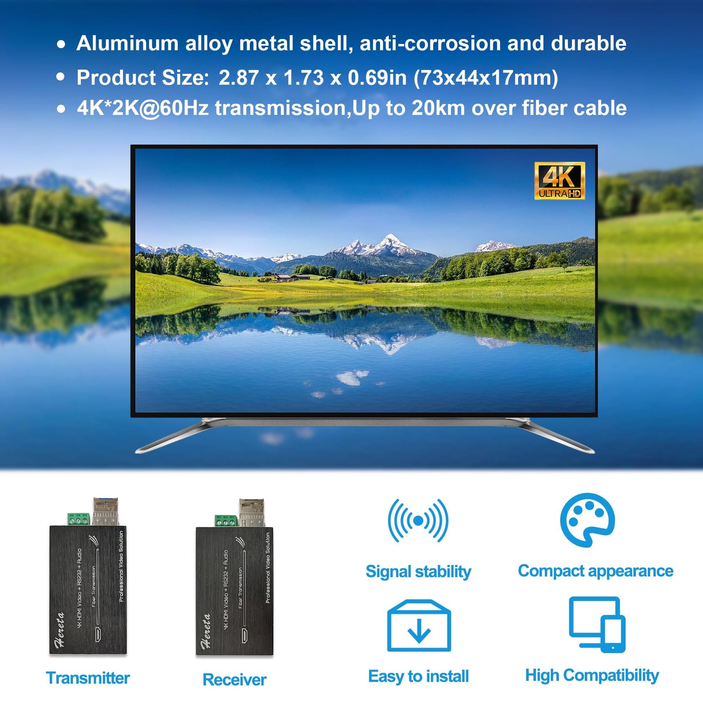 Hereta 4K HDMI Optical Video Extender 10.2Gbps Mini HD Fiber Converter with RS232 and Audio Extension of Distances Up to 20km Over Single-Mode Single