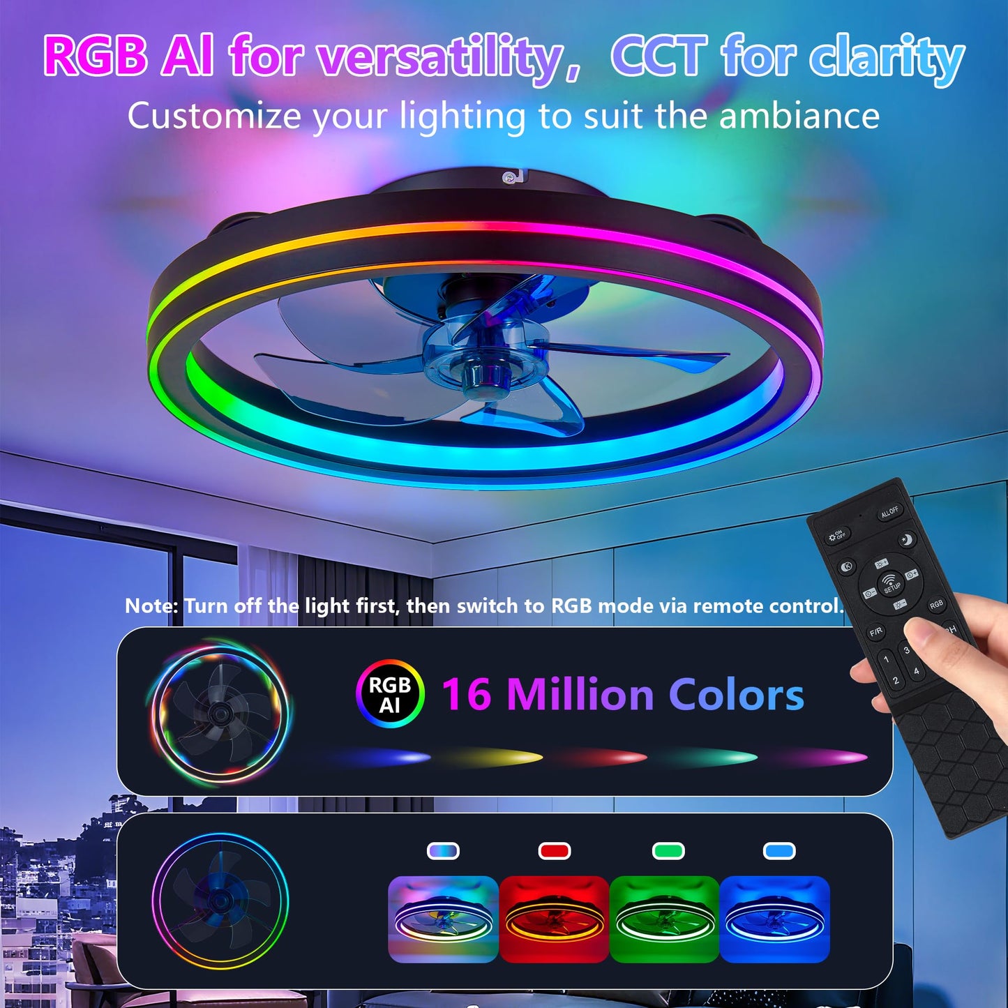 Ouimico RGB Ceiling Fan with Light and Remote, 19" Smart Ceiling Fan, Black