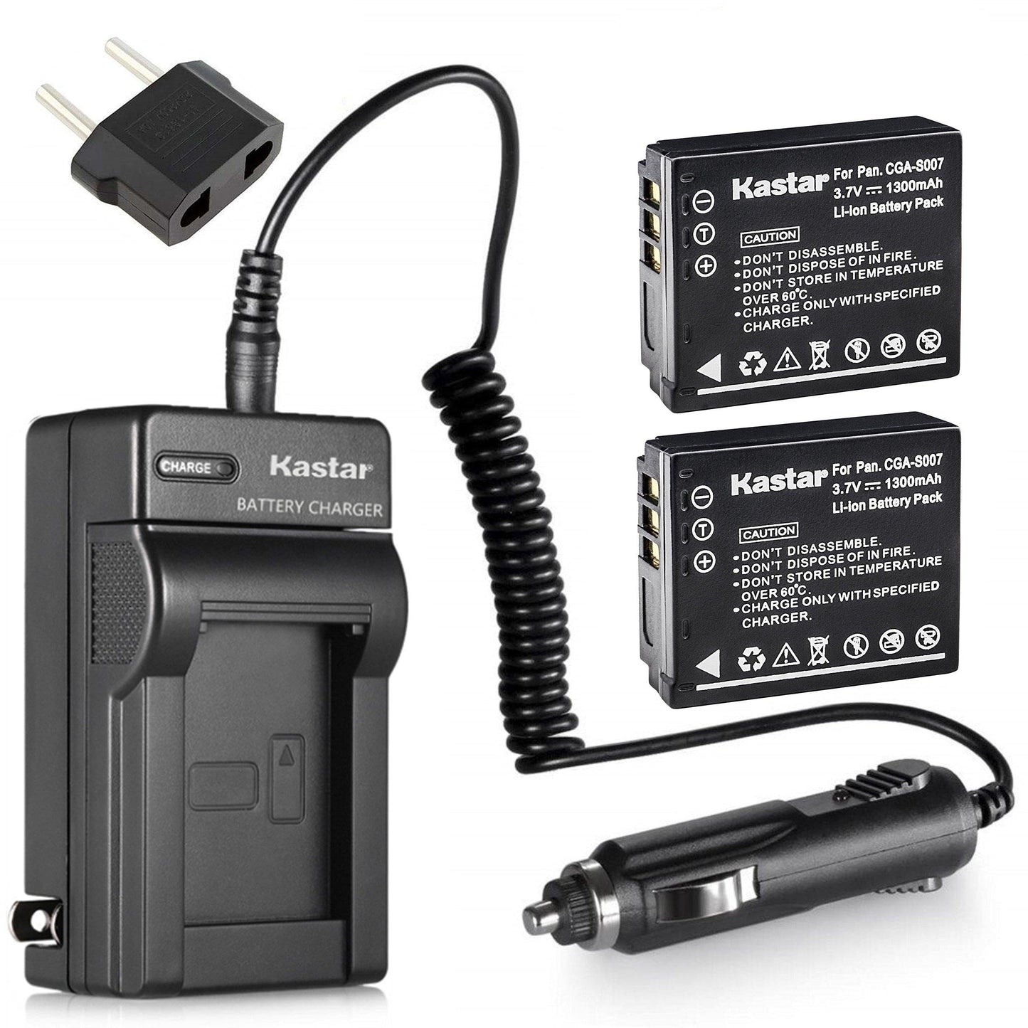Kastar Battery (X2) & Travel Charger Kit for Panasonic CGA-S007 CGA-S007A CGR-S007 CGAS007 and DMC-TZ1 DMC-TZ2 DMC-TZ3 DMC-TZ4 DMC-TZ5 DMC-TZ11