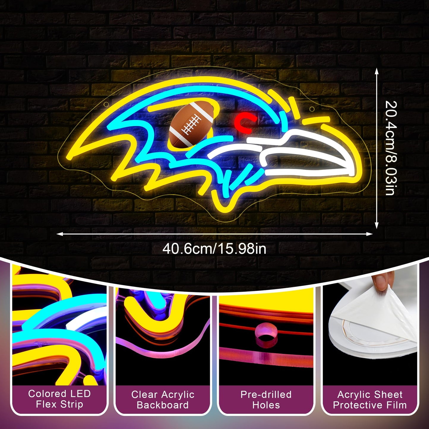 Football Neon Sign for Wall Decor - Team Merch Neon Acrylic USB Powered LED Wall Art Decor, Light Up Sign Dimmable, for Man Cave Game Room Bedroom Bar