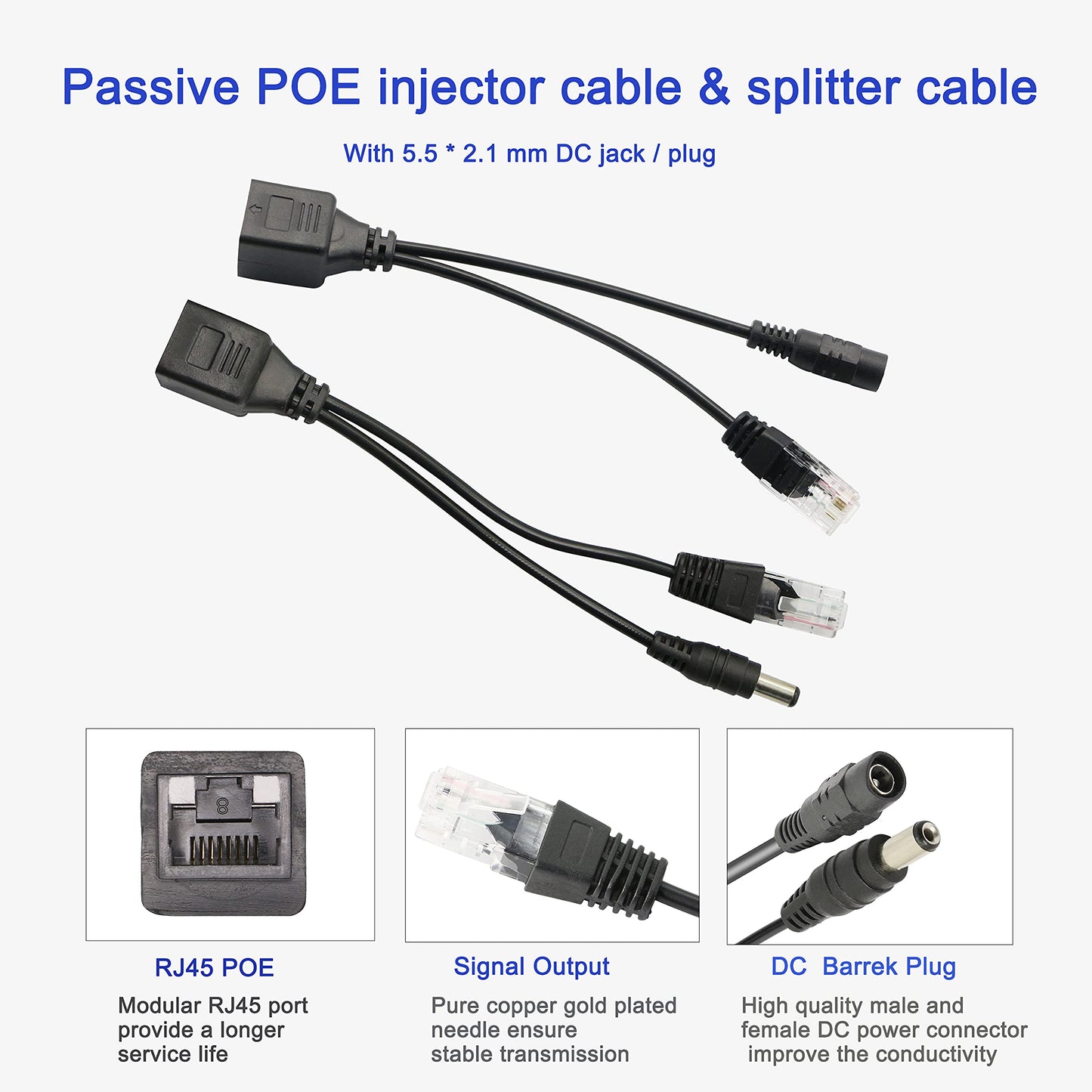 Passive POE Adapter Cable,2Pair POE Injector and POE Splitter Kit with 5.5x2.1mm DC Connector for WLAN, Routers, Switches,Internet Telephony,IP