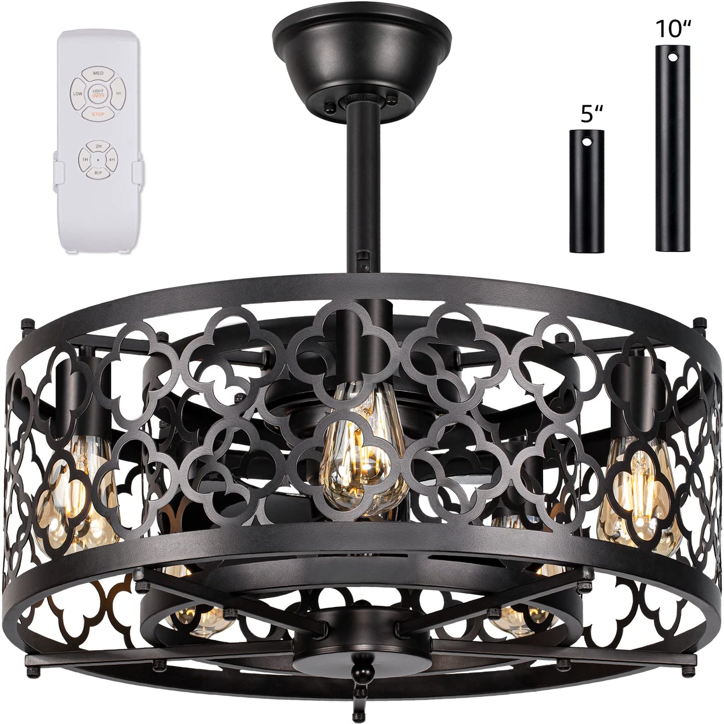 SUNVIE Caged Ceiling Fan with Lights Remote Control 21in Industrial Bladeless Enclosed Ceiling Fan Light with Reversible Motor for Bedroom Kitchen