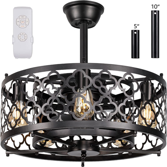 SUNVIE Caged Ceiling Fan with Lights Remote Control 21in Industrial Bladeless Enclosed Ceiling Fan Light with Reversible Motor for Bedroom Kitchen