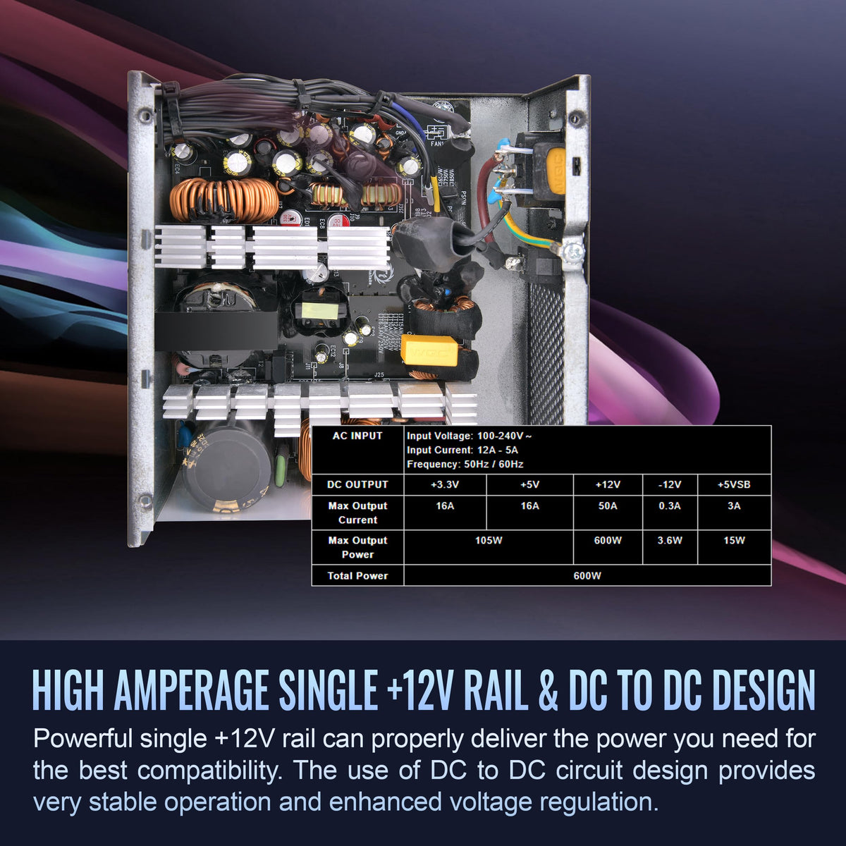Smart W3 Series 80Plus Certified 600W Power Supply; ATX v3.1 Spec; 120mm FDB Fan; 5 Year Warranty; PS-SPW-0600NNFAWU-1