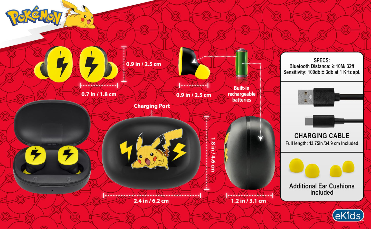 Pokemon Pikachu Wireless Earbuds, Bluetooth Earbuds with Charging Case