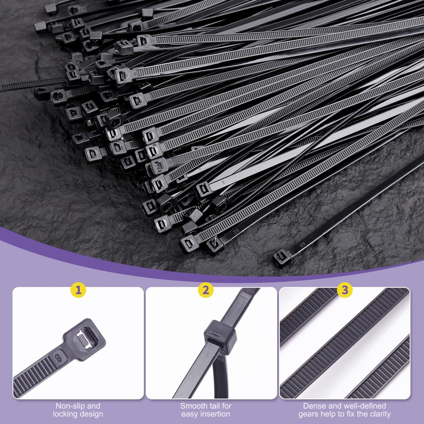 DAQIANG 60 lb Heavy Duty 14-Inch Black Zip Ties 100-Pack - UV Resistant, Self-Locking Nylon Cable Ties for Indoor/Outdoor Use