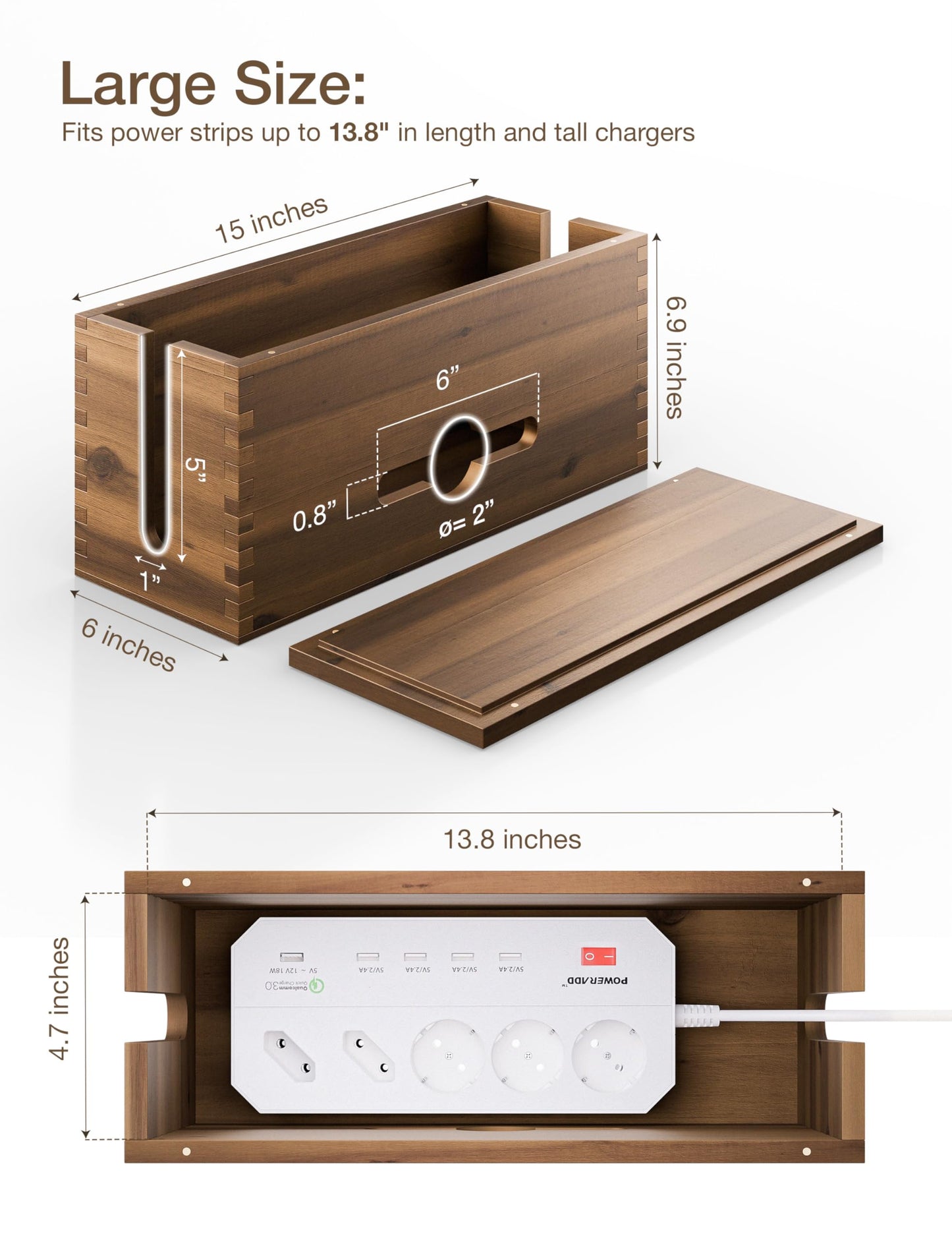 TIDITA Acacia Large Cable Management Box - 15" L Cord Box Hider, Power Strip Box for Office - Cable Hider Box, Surge Protector Box - Wire Box Hider