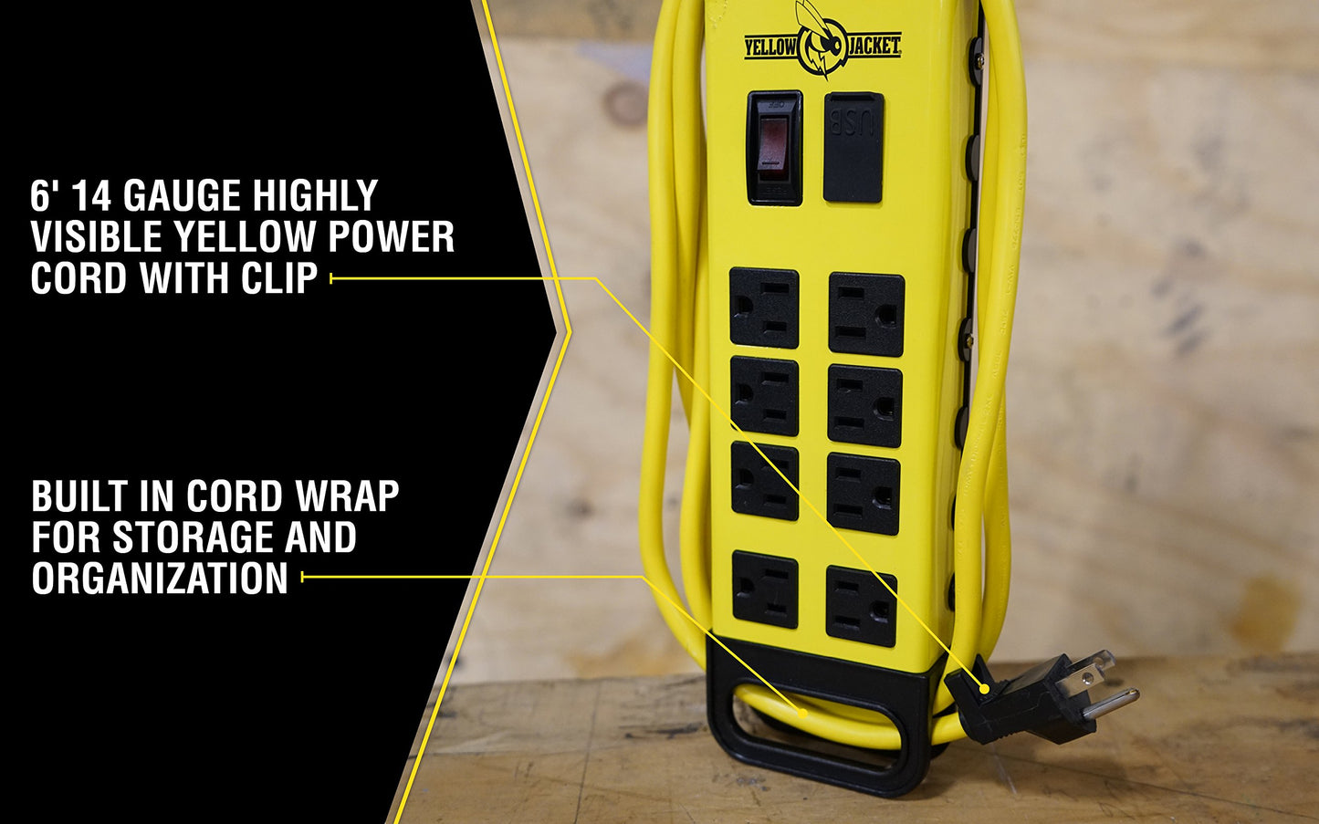 Southwire Yellow Jacket Power Block - 8 Outlet Heavy Duty Metal Power Strip - Dual USB Ports for Fast Charging - Rugged Workshop Design - 6 Ft Yellow