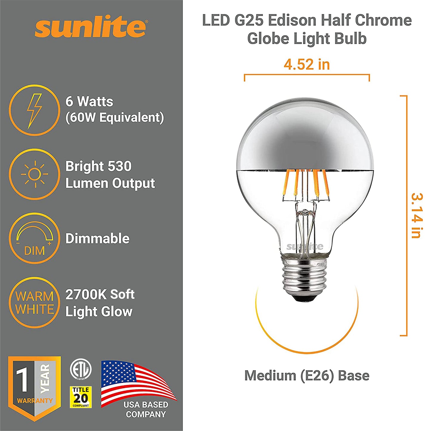 Sunlite LED G25 (G80) Edison Half Chrome Globe Light Bulb, 6 Watts (60W=), Standard E26 Base, 530 Lm, Dimmable, Decorative Silver Bowl, Anti-Glare