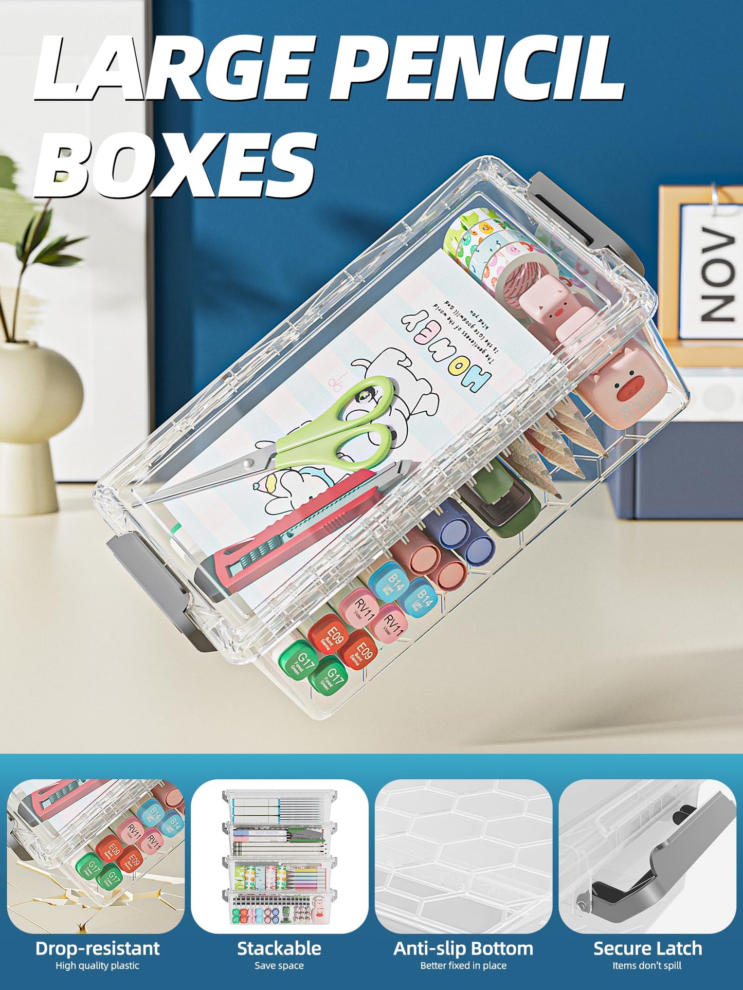 BiuLeon 4 Pack Extra Large Pencil Box, Plastic Pencil Case Organizer, Clear Crayon Box Marker Organizer, Stackable Craft Organizers and Storage