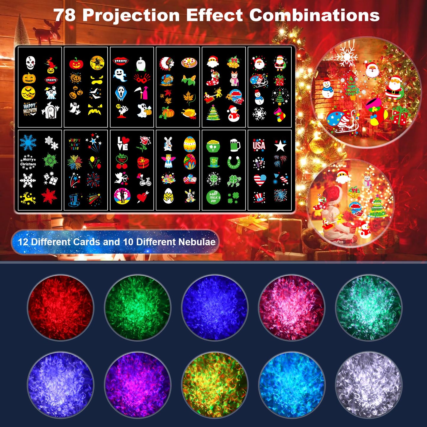 8-Pattern Christmas Projector Lights Outdoor 2-in-1, Holiday Projector Lights Outdoor 26 Effects (Projection Card +3D Ocean Wave) with Timer
