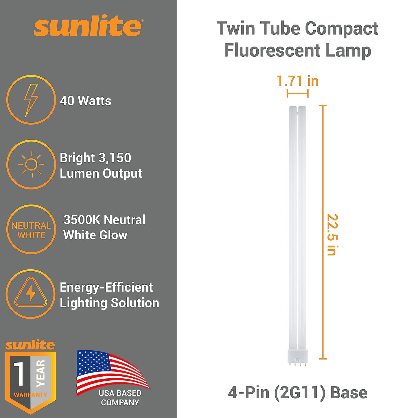 Sunlite FT40DL/841 Twin Tube Compact Fluorescent Lamp, FT 4-Pin, 40 Watts, 3150 Lumens, 4100K Cool White, 4-Pin (2G11) Base, ROHS Compliant, 10 Pack
