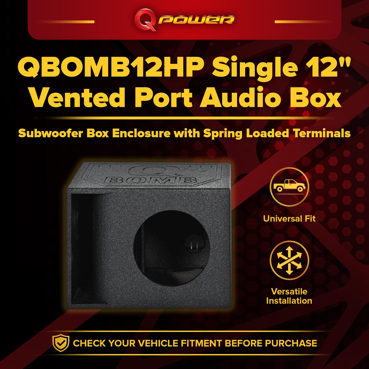 QPower Single 12" Vented Car Audio Subwoofer Box, 1.4 Cu Ft Airspace