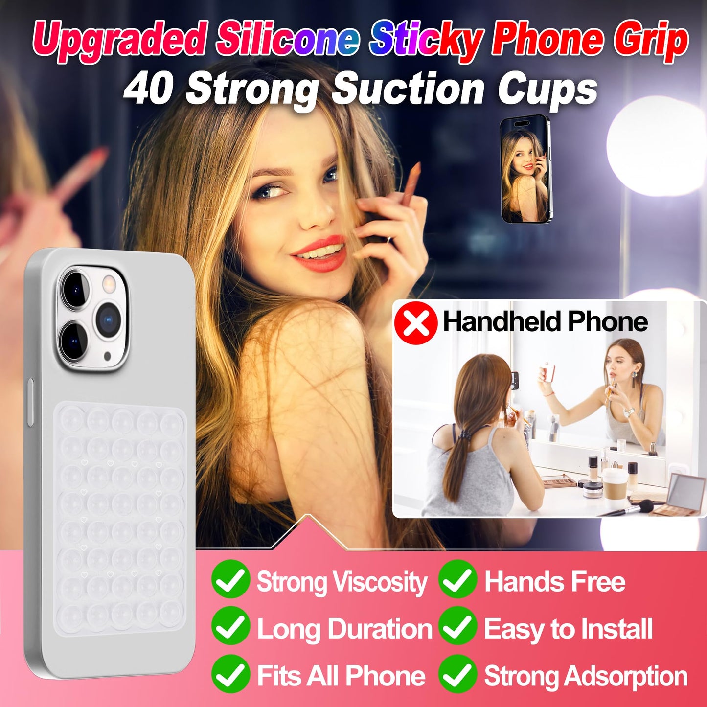 Silicone Sticky Phone Grip, Adhesive Suction Cup Phone Case Mount, Phone Grip with Strong Suction for Cellphone, Non Slip Hands-Free Phone Accessories