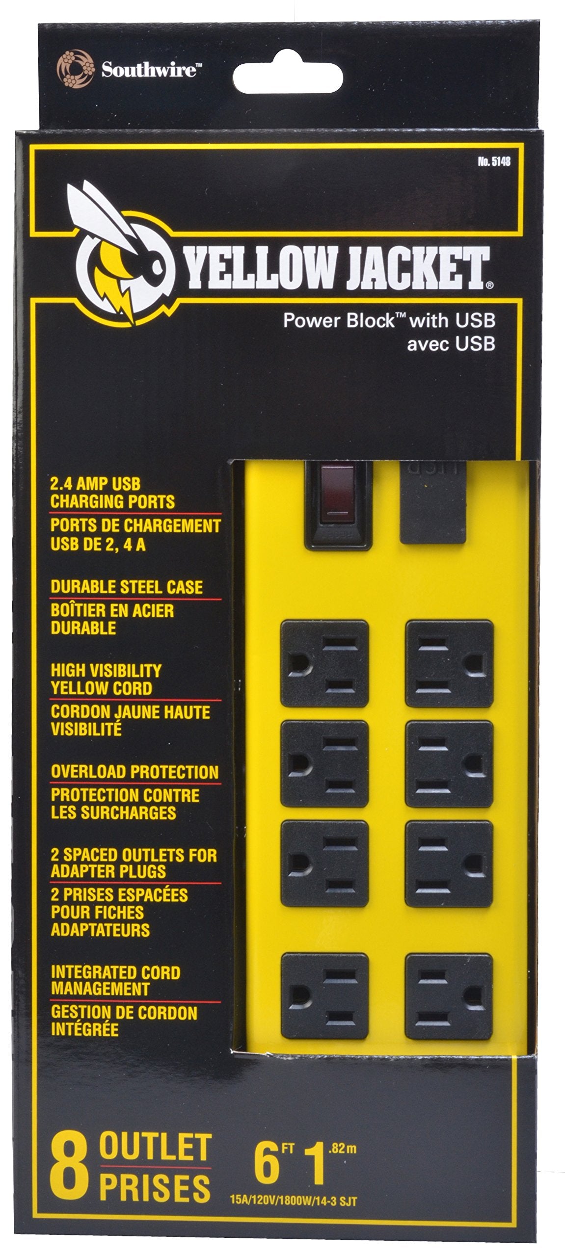 Southwire Yellow Jacket Power Block - 8 Outlet Heavy Duty Metal Power Strip - Dual USB Ports for Fast Charging - Rugged Workshop Design - 6 Ft Yellow