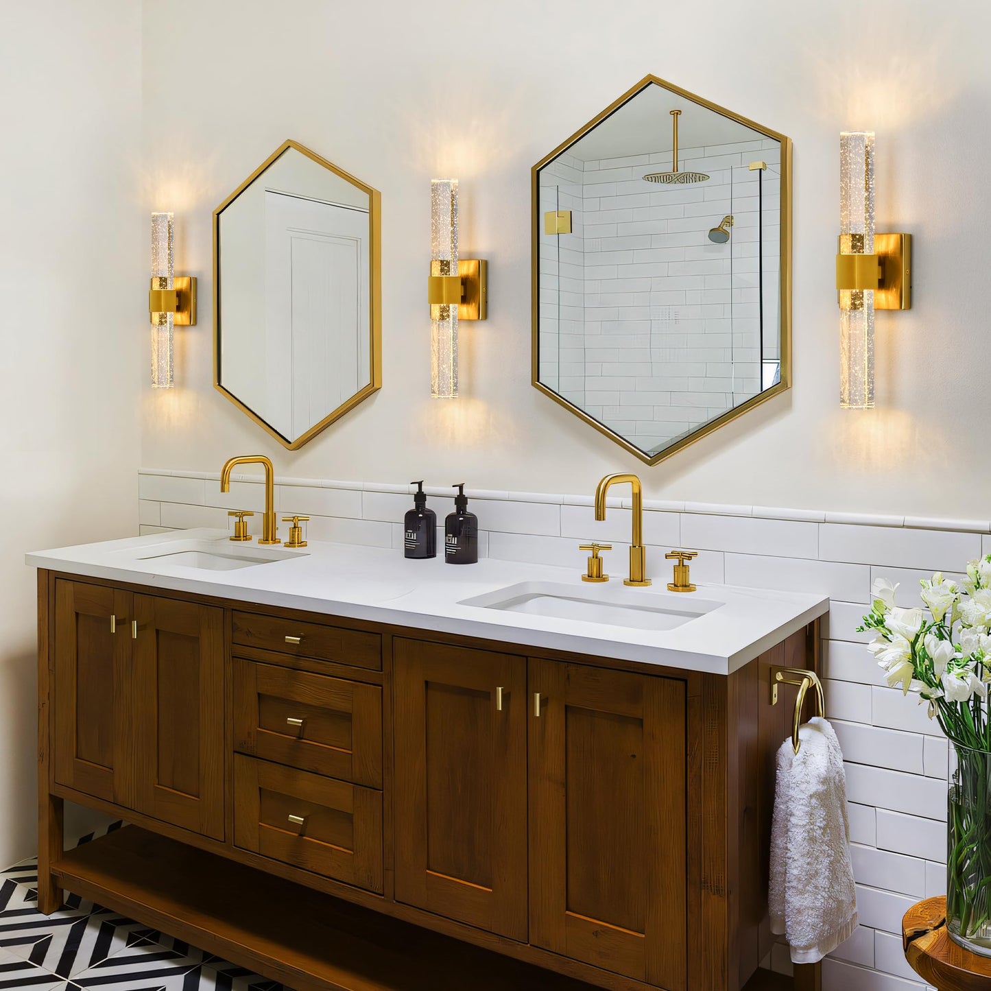 Epinl Gold Wall Sconces Set of Two - Bathroom Sconces Wall Lighting 14W Dimmable LED Crystal Wall Light with Bubble Glass 15.7inch Indoor Vanity
