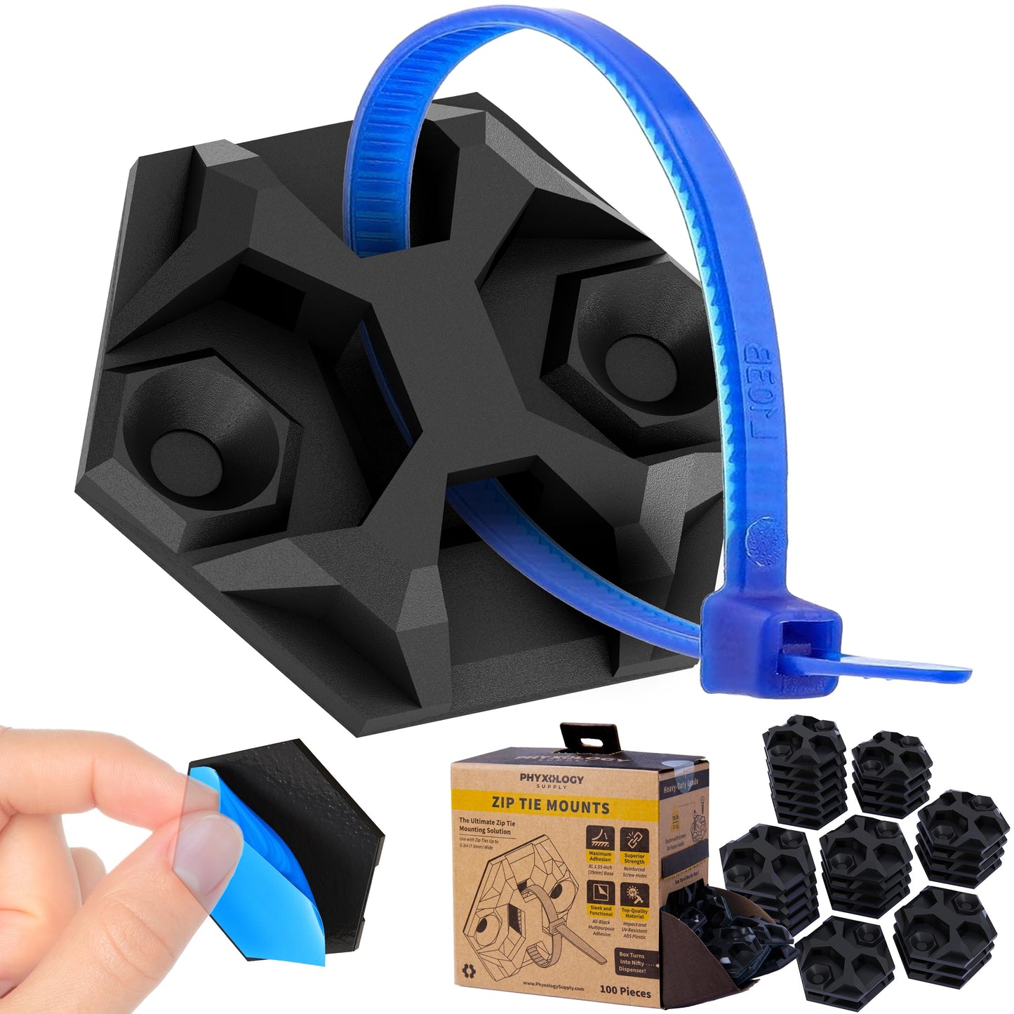 Rugged, Stylish Adhesive XL Zip Tie Mounts 100 Pack. Premium 1.5in Sticky Back Ziptie, Cord, and Cable Management Anchor Clips. Easy Peel and Stick