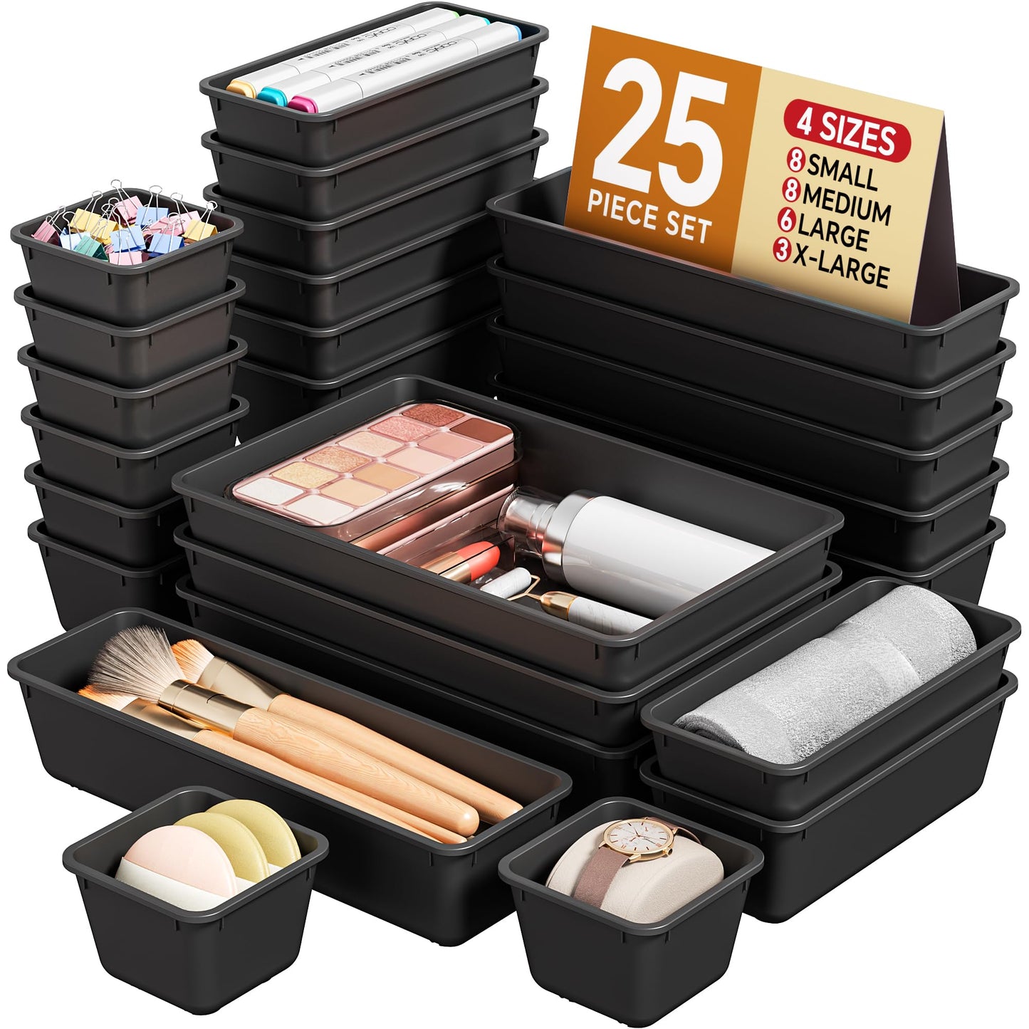 KEMETHY 25 PCS Plastic Drawer Organizers Set, 4 Sizes Vanity Organizer, Makeup and Desk Drawer Organizer Trays, Organization and Storage for Makeup