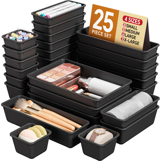 KEMETHY 25 PCS Plastic Drawer Organizers Set, 4 Sizes Vanity Organizer, Makeup and Desk Drawer Organizer Trays, Organization and Storage for Makeup