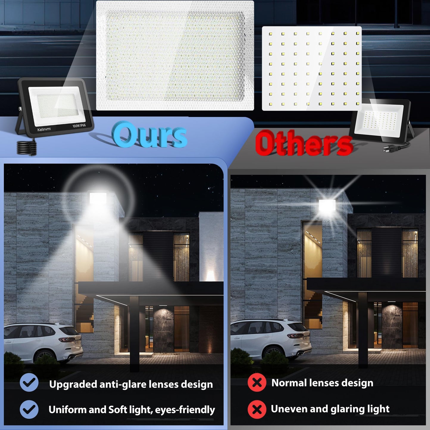 KELINVMI 100 W Outdoor LED Floodlight, 10000 lm LED Floodlight, 4200 K Warm White IP66 Waterproof Outdoor Lighting for Garden, Garage, Home, Yard, 50