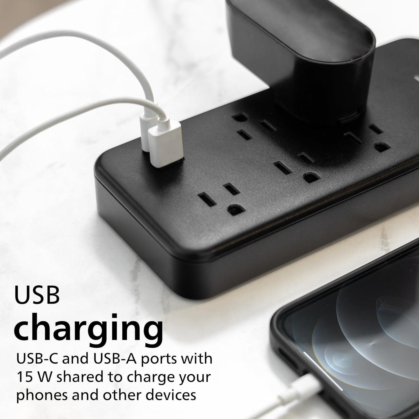 Philips 5-Outlet Surge Protector with USB, 1 USB-A, 1 USB-C, 15W Shared, 1500J, Adapter-Spaced, 6ft Braided Cord, Outlet Extender, Extension Cord,