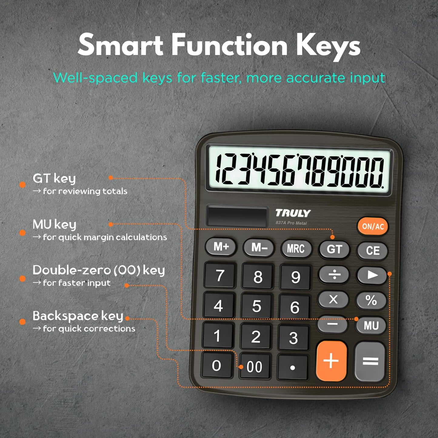TRULY 12-Digit Desktop Calculator with Large Display, Big Buttons, Dual Power (Solar + Battery), Metal Finish, Ideal for Office, Home, School - 837A
