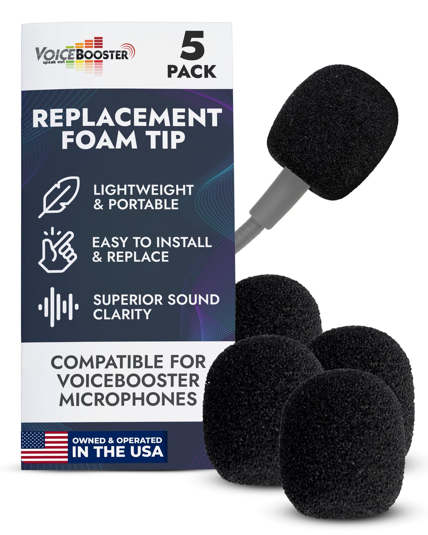 Set of 5 Replacement Foam Tip for VoiceBooster & Aker Microphones - Mic Foam Tip Covers for 1/2-Inch Headset & Tie-Clip Mics - Noise-Reducing