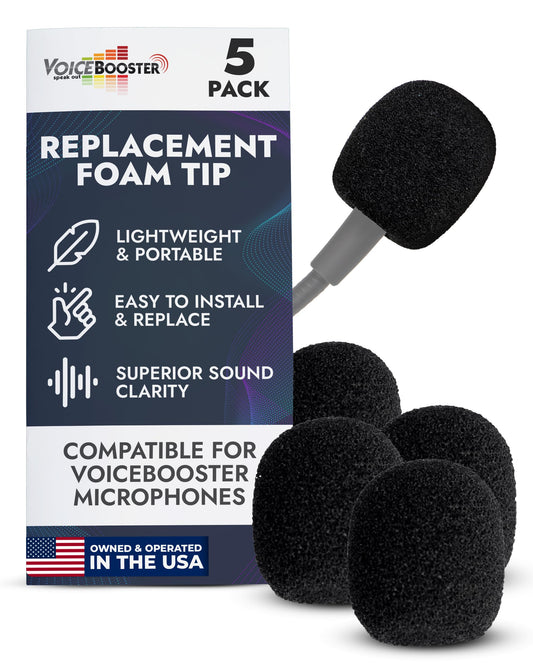 Set of 5 Replacement Foam Tip for VoiceBooster & Aker Microphones - Mic Foam Tip Covers for 1/2-Inch Headset & Tie-Clip Mics - Noise-Reducing