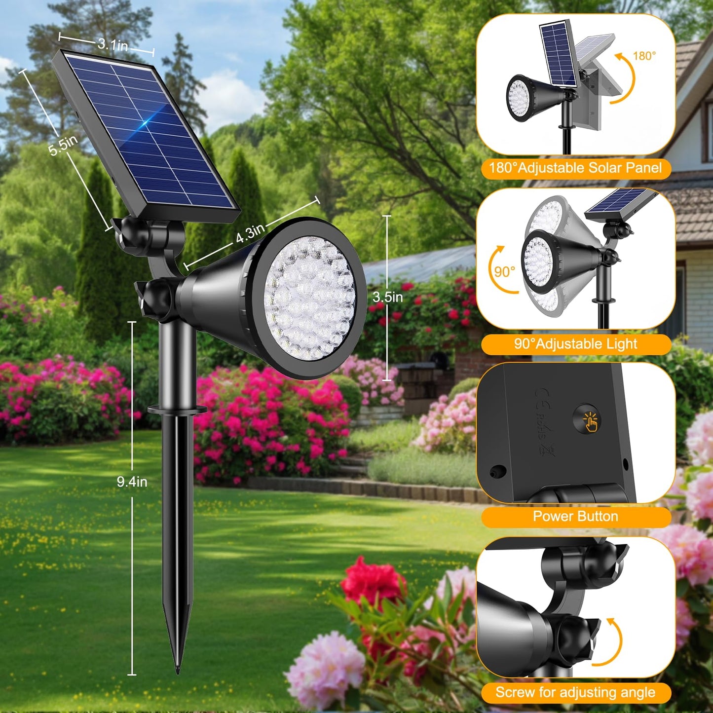 APOMAO Solar Lights Outdoor Waterproof, 36 LEDs 1000LM Adjustable Solar Spot Lights Outdoor, 2-in-1 Solar Powered Spotlight Landscape Lighting