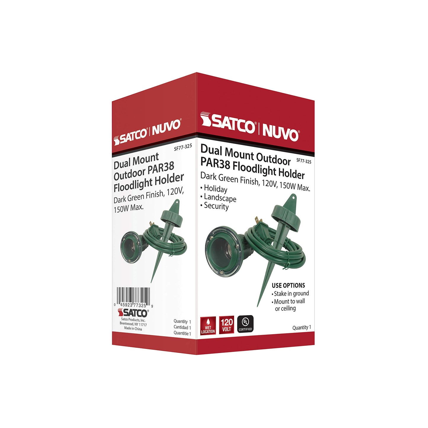 Satco SF77/325 Outdoor PAR38 Flood Light Holder with Round Plate for Dual Mounting and Ground Stake, Green