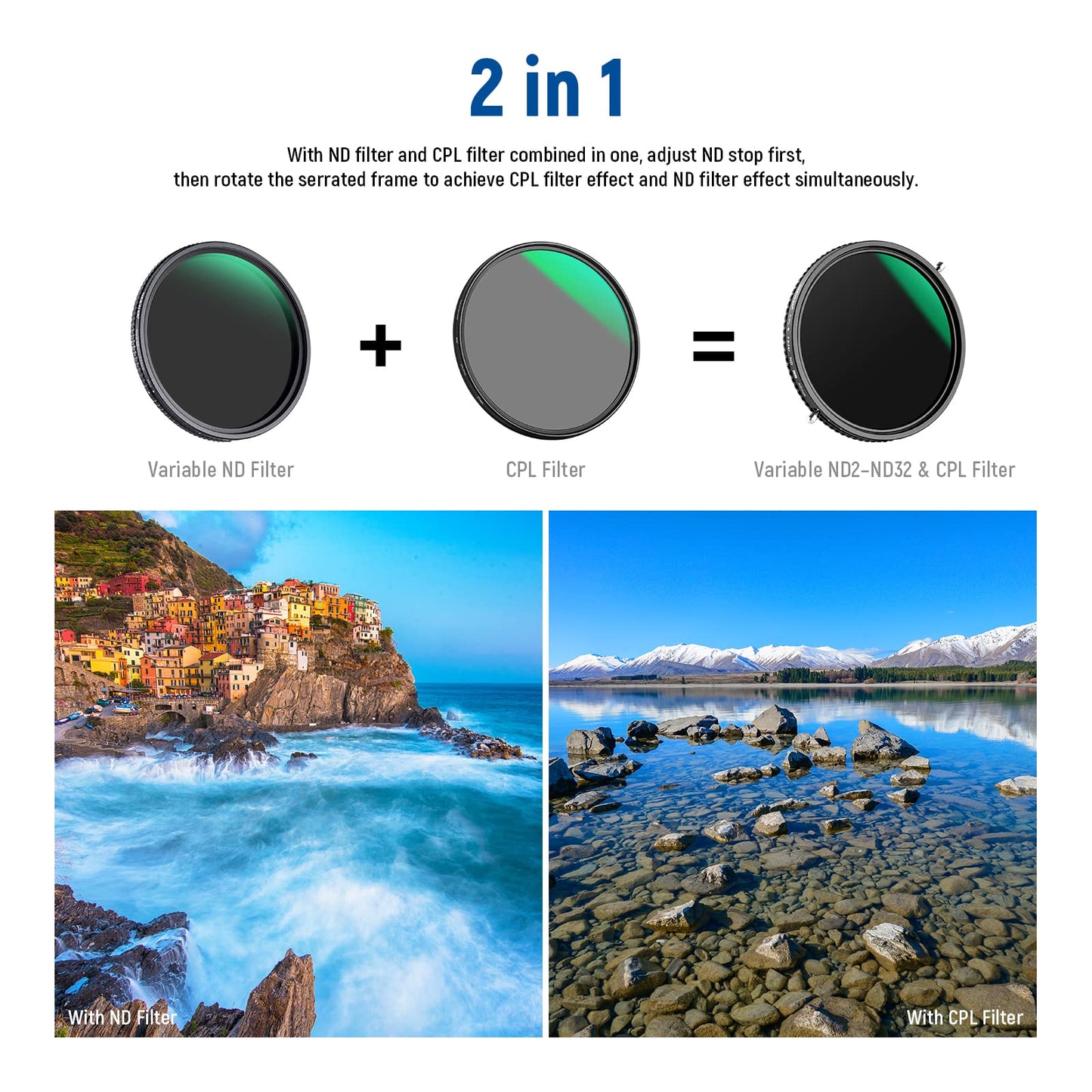 NEEWER 2 in 1 58mm Variable ND Filter ND2-ND32&CPL Filter(Circular Polarizer Filter) No X Cross/30 Layer Nano Coated/HD Optical Glass/Ultra Slim