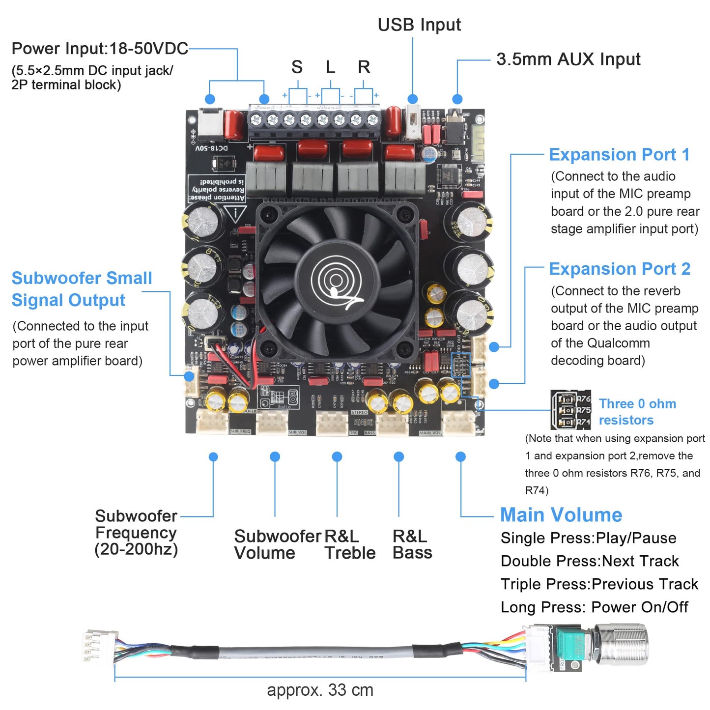 Wuzhi Audio ZK-AS21P Bluetooth Amplifier Board - 300W+300W+600W Output, 18-50V DC Wide Voltage Input, Vehicle Amplifier (External Potentiator)