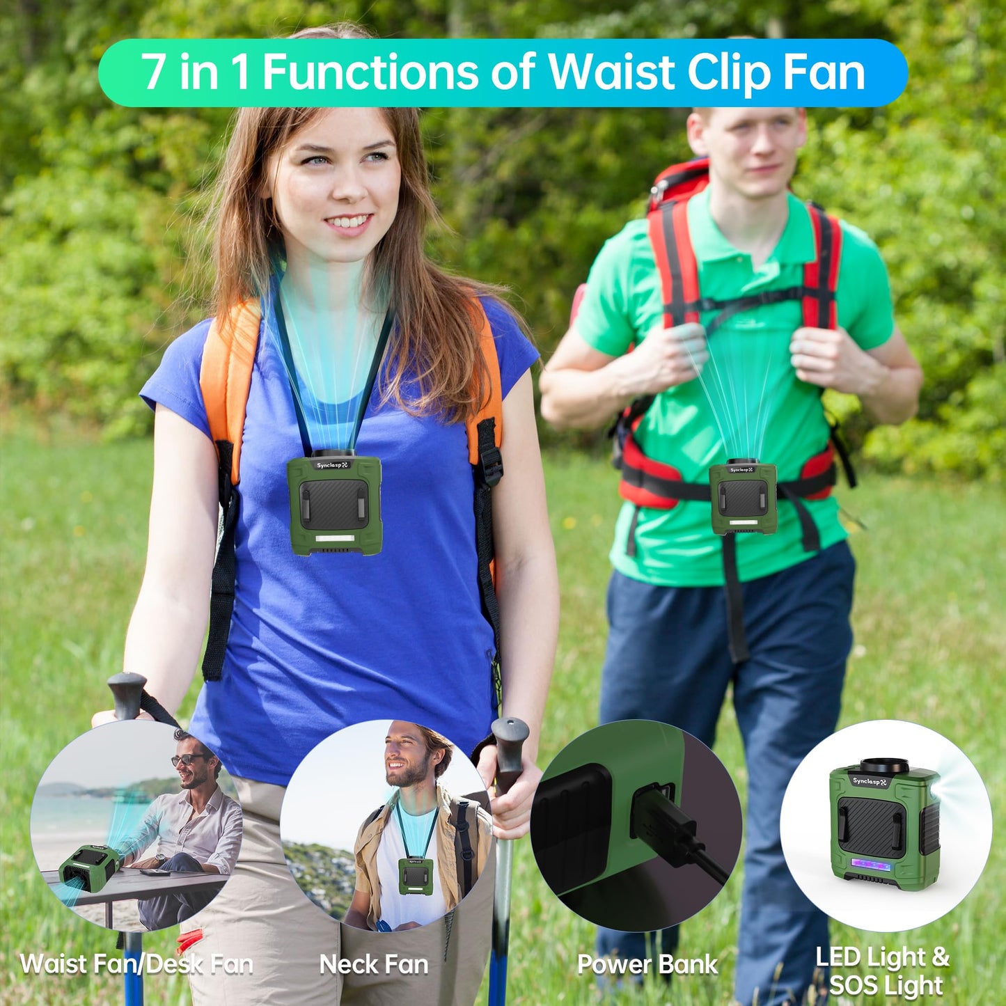 SynclaspX Waist Fan, 10000mAh Rechargeable Belt Clip Fan, 24H Runtime, 49ft/s Strong Airflow, 3-Speed 7-in-1 Hands-Free Personal Fan with Bottom Air
