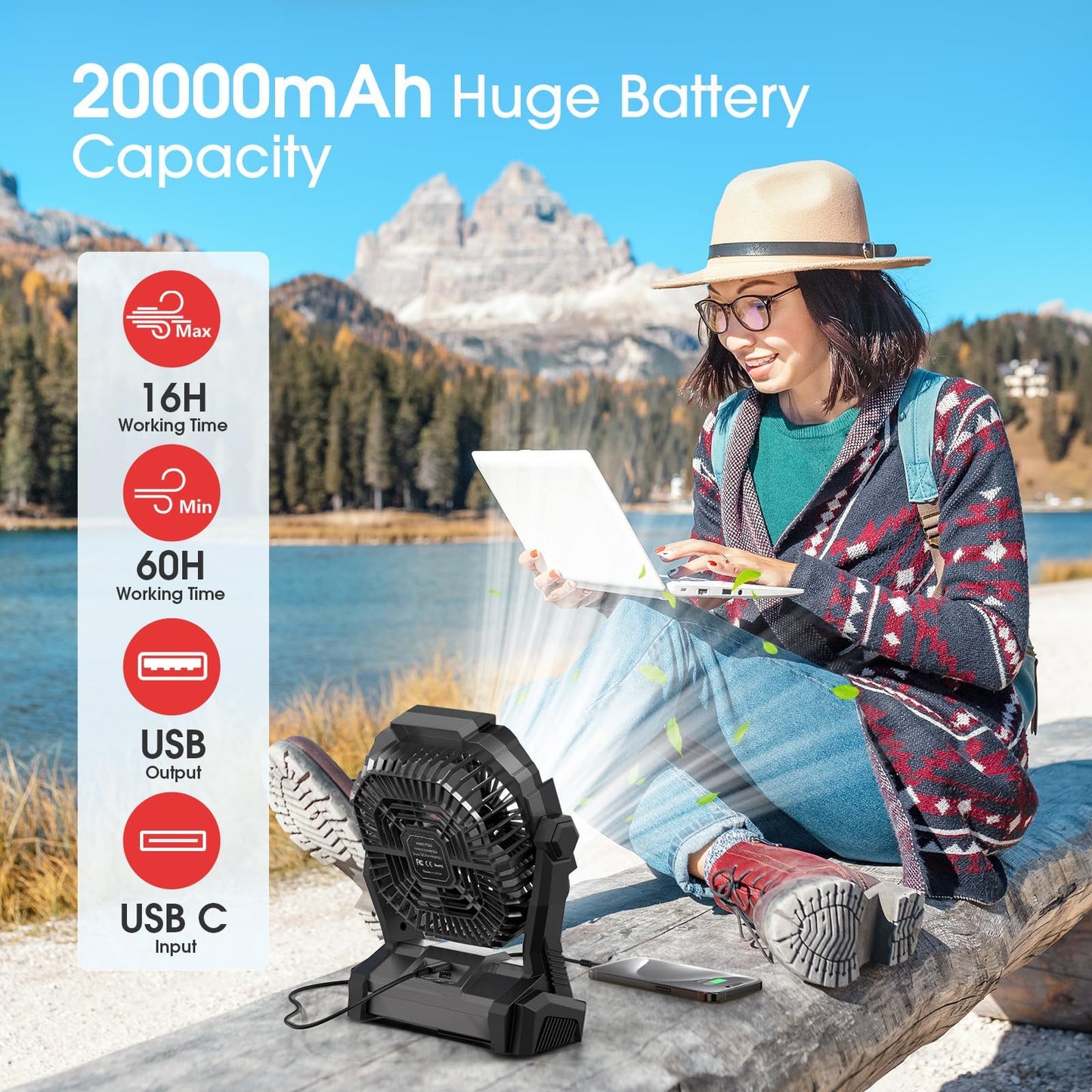 Portable Fan Rechargeable 20000mAh Cordless Battery Powered Camping Fan