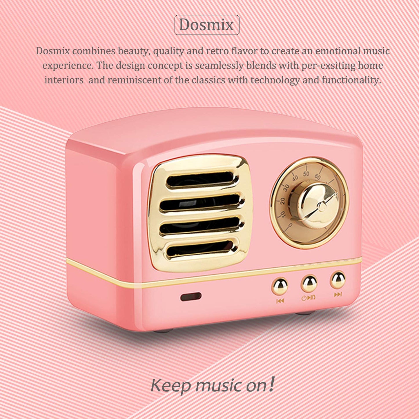 Dosmix Portable Bluetooth Stereo Speaker, Enhanced Bass Retro Wireless Vintage Speaker with TF Card Slot, Built-in Mic for Travel, Home, Beach