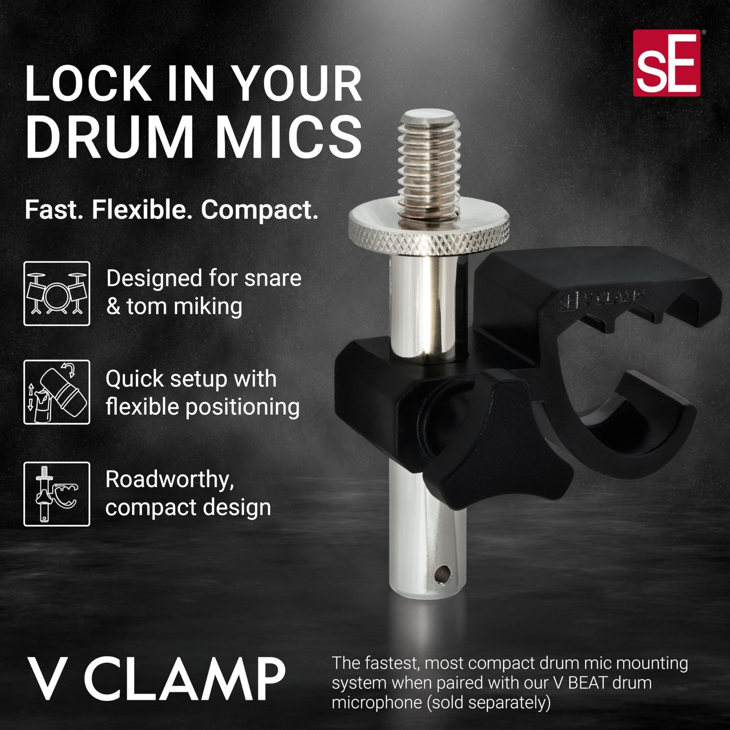 sE Electronics V Clamp Drum Microphone Mount - Compact Drum Mic Clip with Height & Rotation Adjustability - Fast & Easy Setup & Tear-Down Within