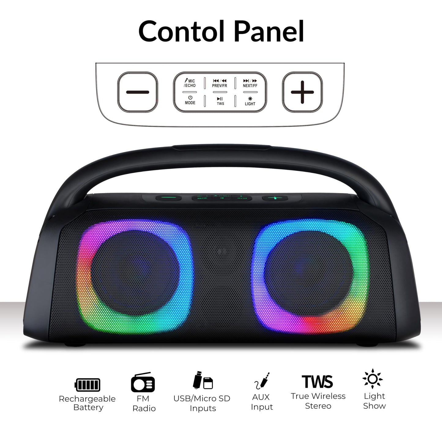 IQ Sound IQ-3540BT Portable Bluetooth Speaker with RGB Lights, TWS, Enhanced Stereo Sound, Voice Assistant Control, Hands-Free Mic, RGB Lighting