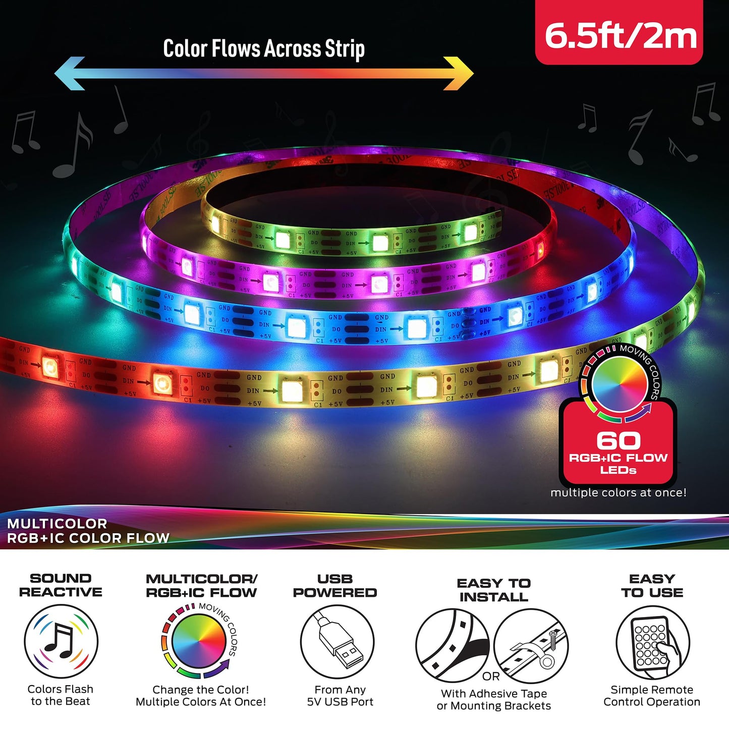 XTREME Monster 6.5ft Color Flow Multi-Color LED Light Strip, Indoor, Fun Flash Mode, Remote Control, Easy Assembly