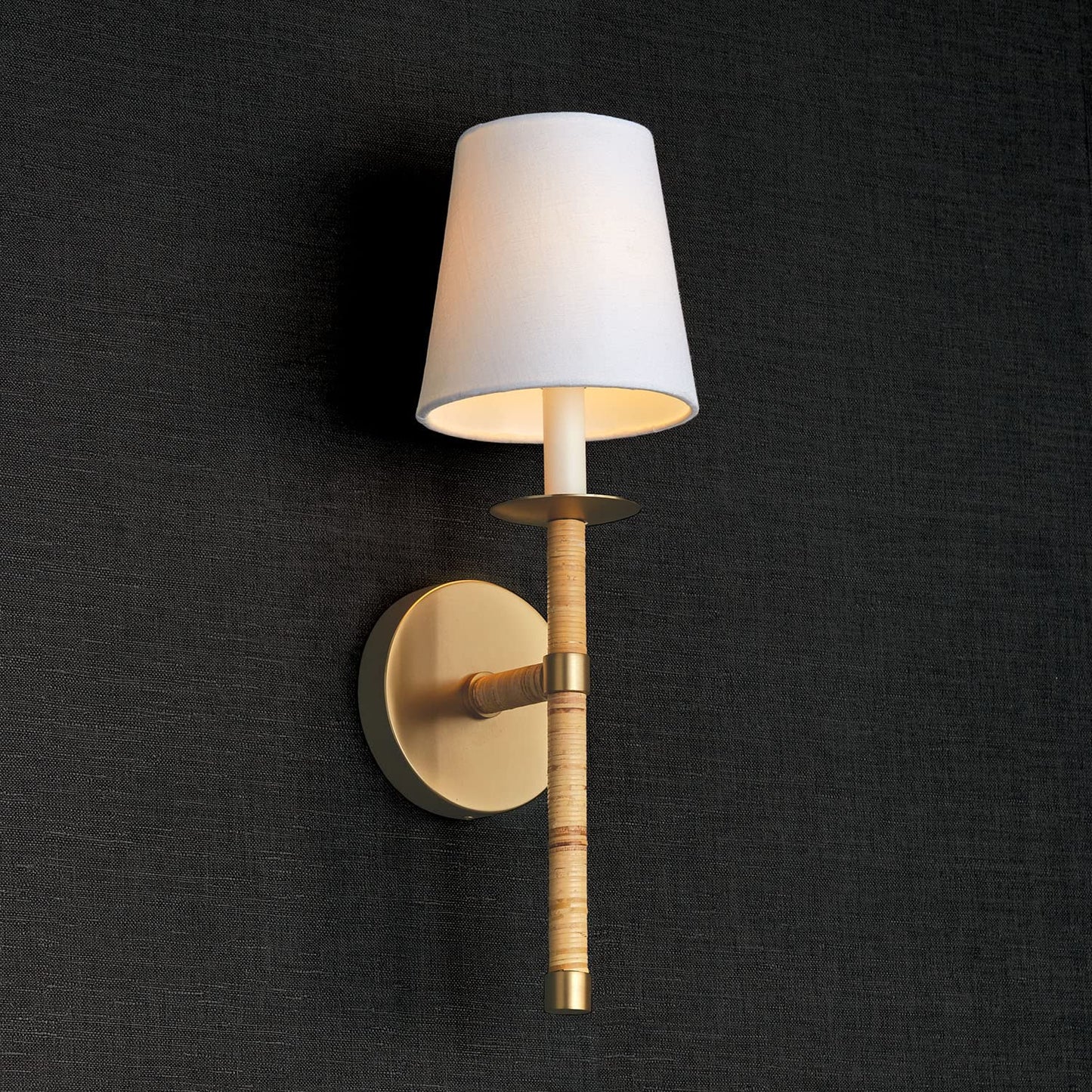 Capital Lighting 647211MA-705 Tulum White Fabric Shade with Handcraft Rattan Torchiere Wall Sconce, 1-Light 60 Watt, 18" H x 6" W, Matte Brass