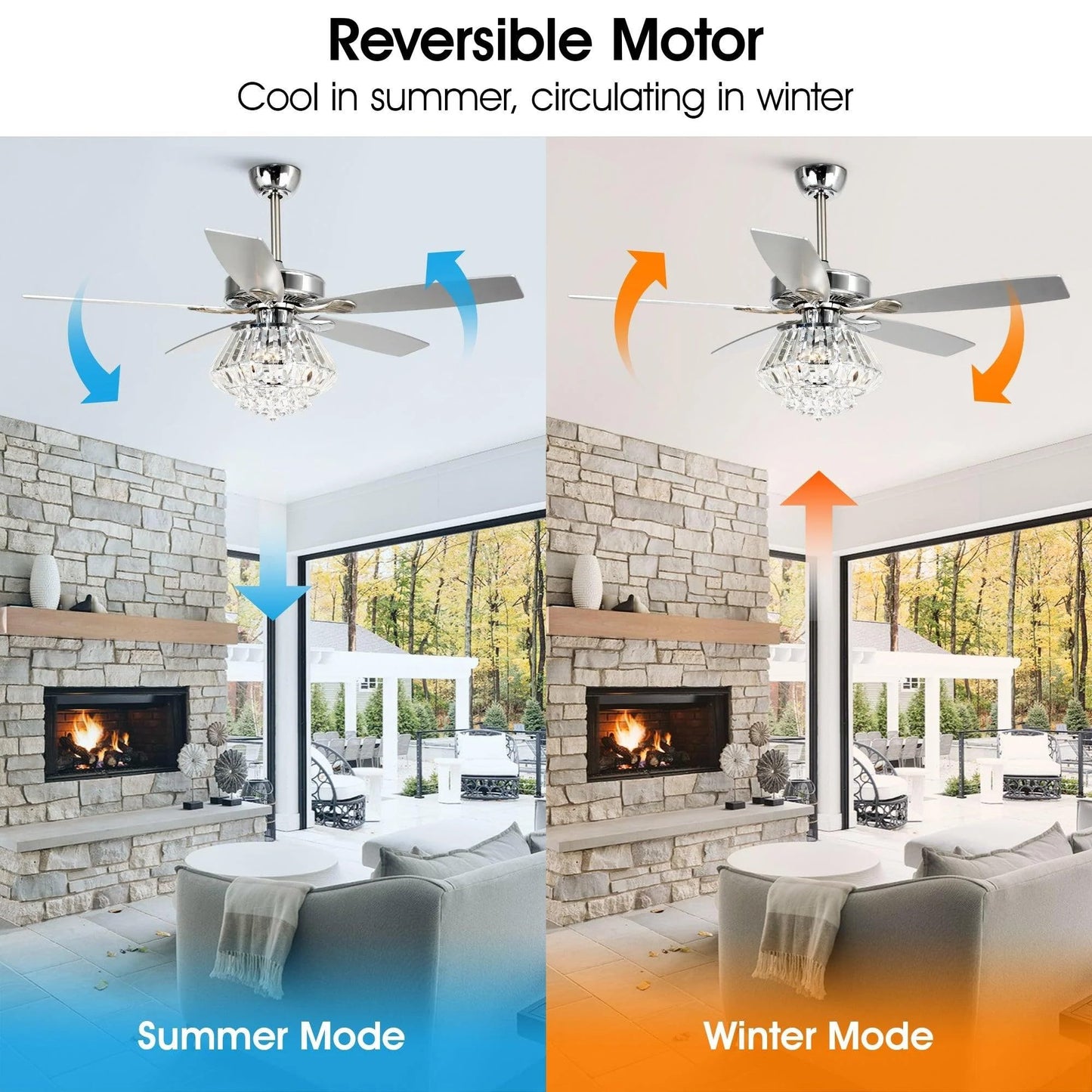 Vaczon 52'' Farmhouse Ceiling Fan with Light & Remote - Silver Caged Fandelier Style, Crystal Chandelier with 6 Speeds,Reversible Motor